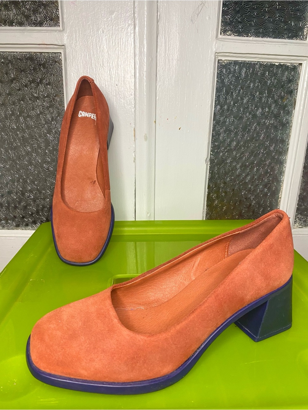 Camper Rust Orange Suede Block Heel Pumps